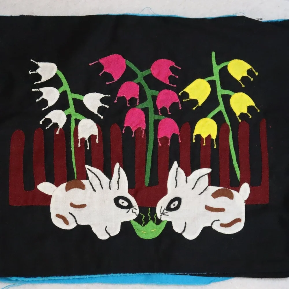 Vintage Kuna Mola Textile Panels OS Black Multi Folk Art Animal Rabbit Pair